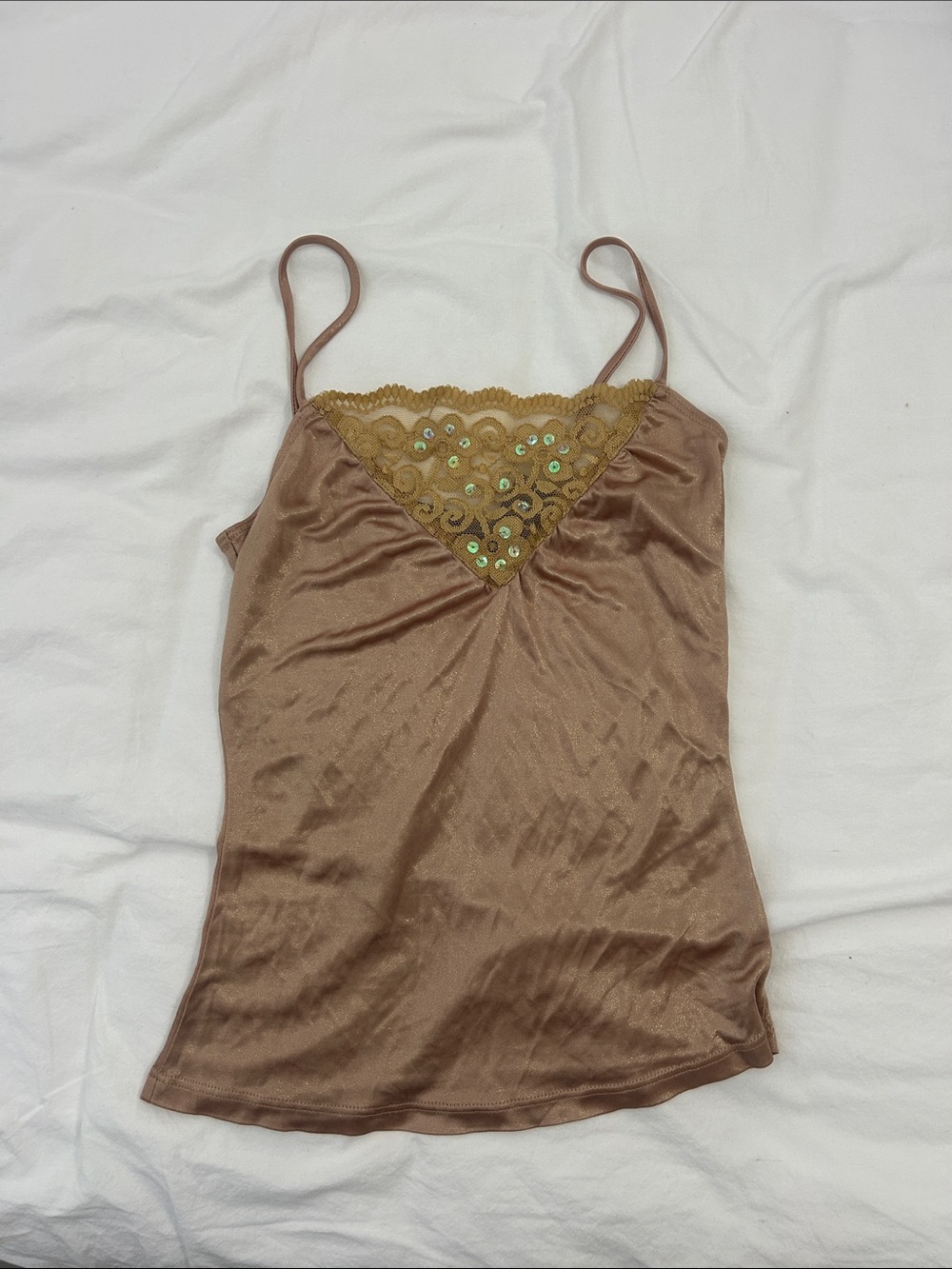 DKNY Vintage Gold Satin Camisole with Gold Lace & Sequin Detail